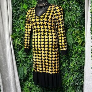 Cliche Dress Large Black Yellow Houndstooth Knit Long Sleeve V Neck Midi 3543‎